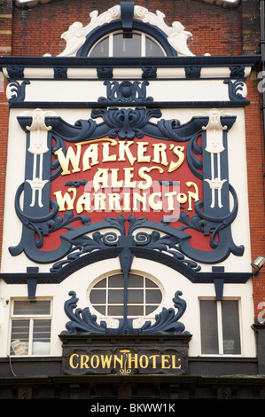 Walker`s Ales Warrington sign outside Crown Hotel in Liverpool UK Stock Photo